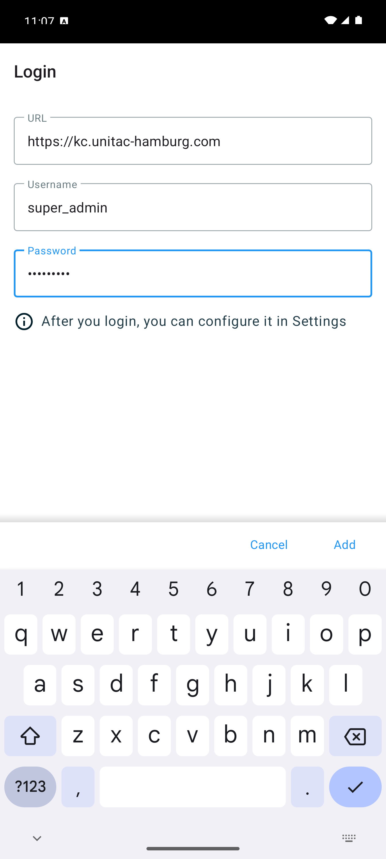 Login screen with username and password fields