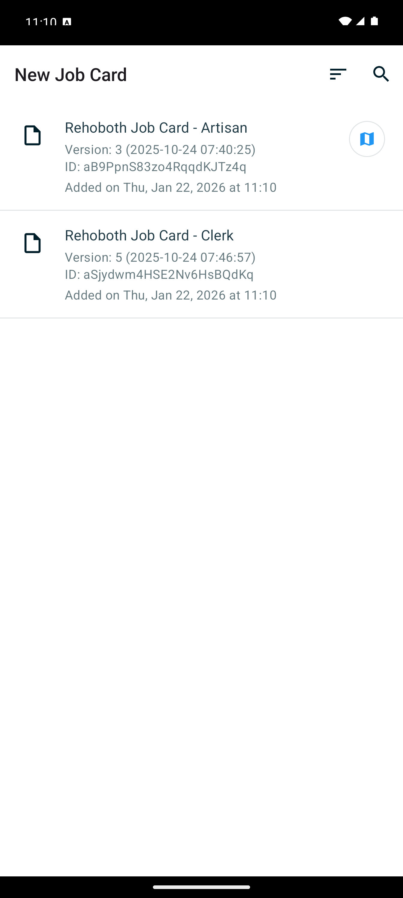 Starting a new job card screen